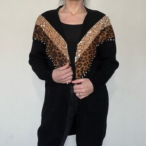 Long line leopard sequin studded knot cardigan jacket size M